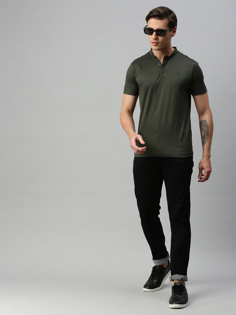 Mens Green Smart Fit Mandarin Collar T-shirt MM3-Full view