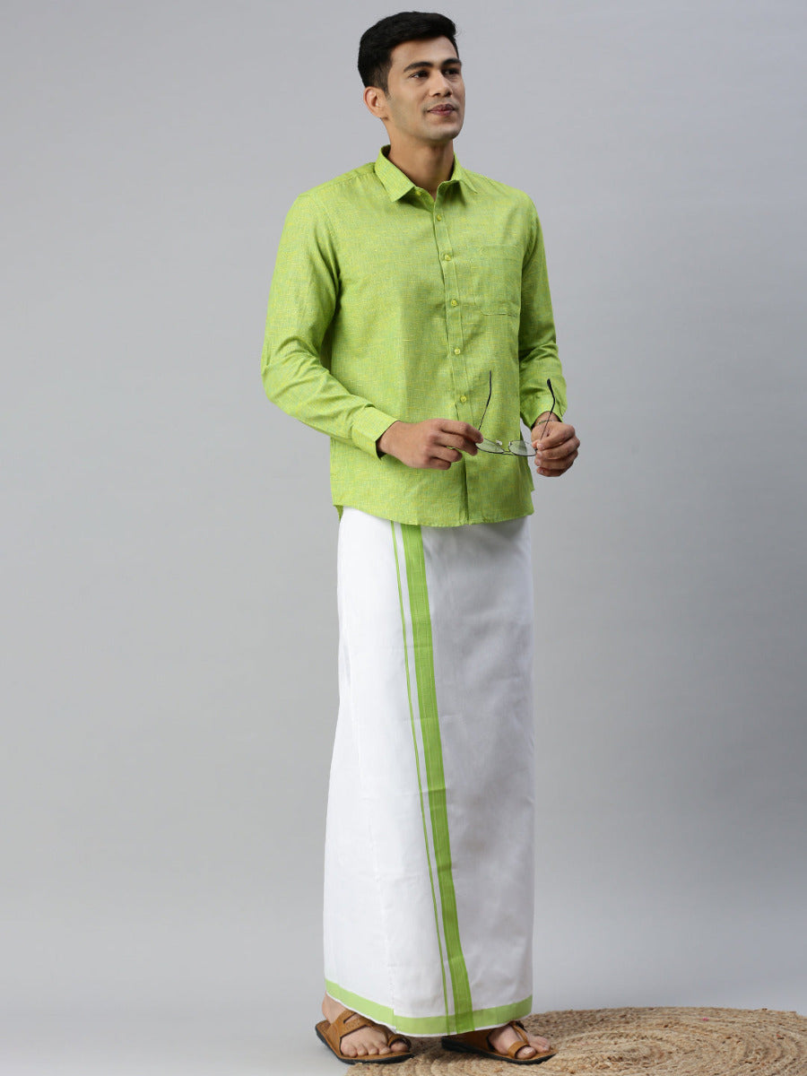 Mens Matching Border Adjustable Dhoti & Full Sleeves Shirt Set Green CC4-Full view