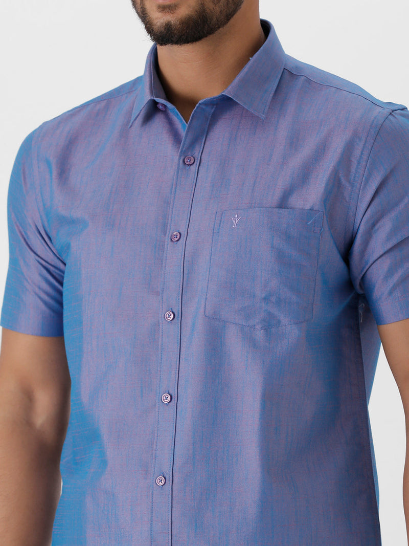Mens Matching Jari Border Dhoti & Shirt Set Half Blue VB5