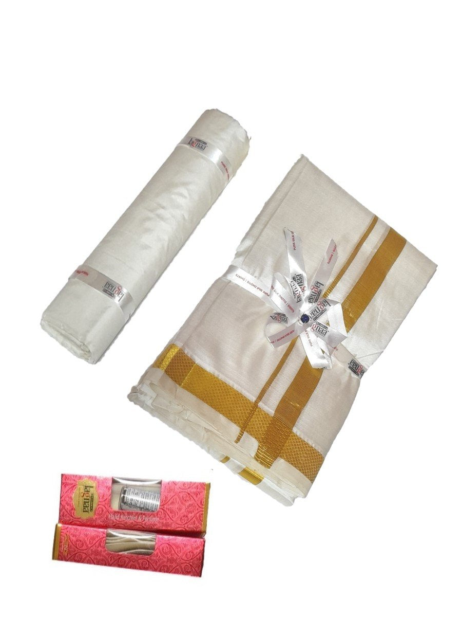 Mens Pure Silk Cream Wedding Set 1" Dhoti+Towel+Shirt Bit Rajahamsa-Full set view
