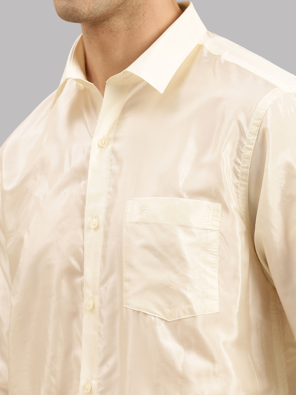 Mens Cream Art Silk Full Sleeves Shirt, Readymade Double Dhoti & Towel Combo-Zoom view