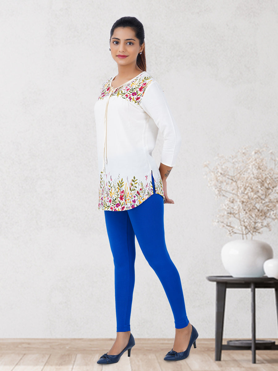 Ankle Fit Mixed Cotton with Spandex Stretchable Leggings Blue- Full view