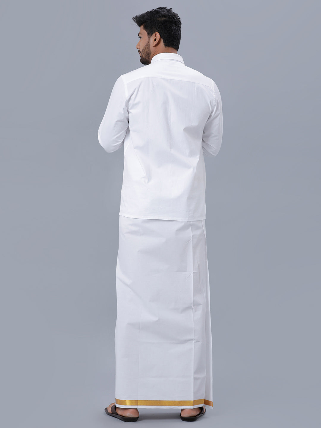 Mens Pure Cotton White Full Sleeves Shirt with 1'' Gold Jari Single Dhoti Combo-Back view