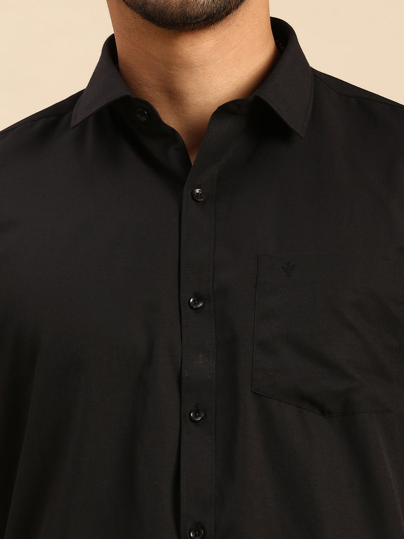 Mens Devotional Shirt & Small Border Dhoti Combo Mercury Black