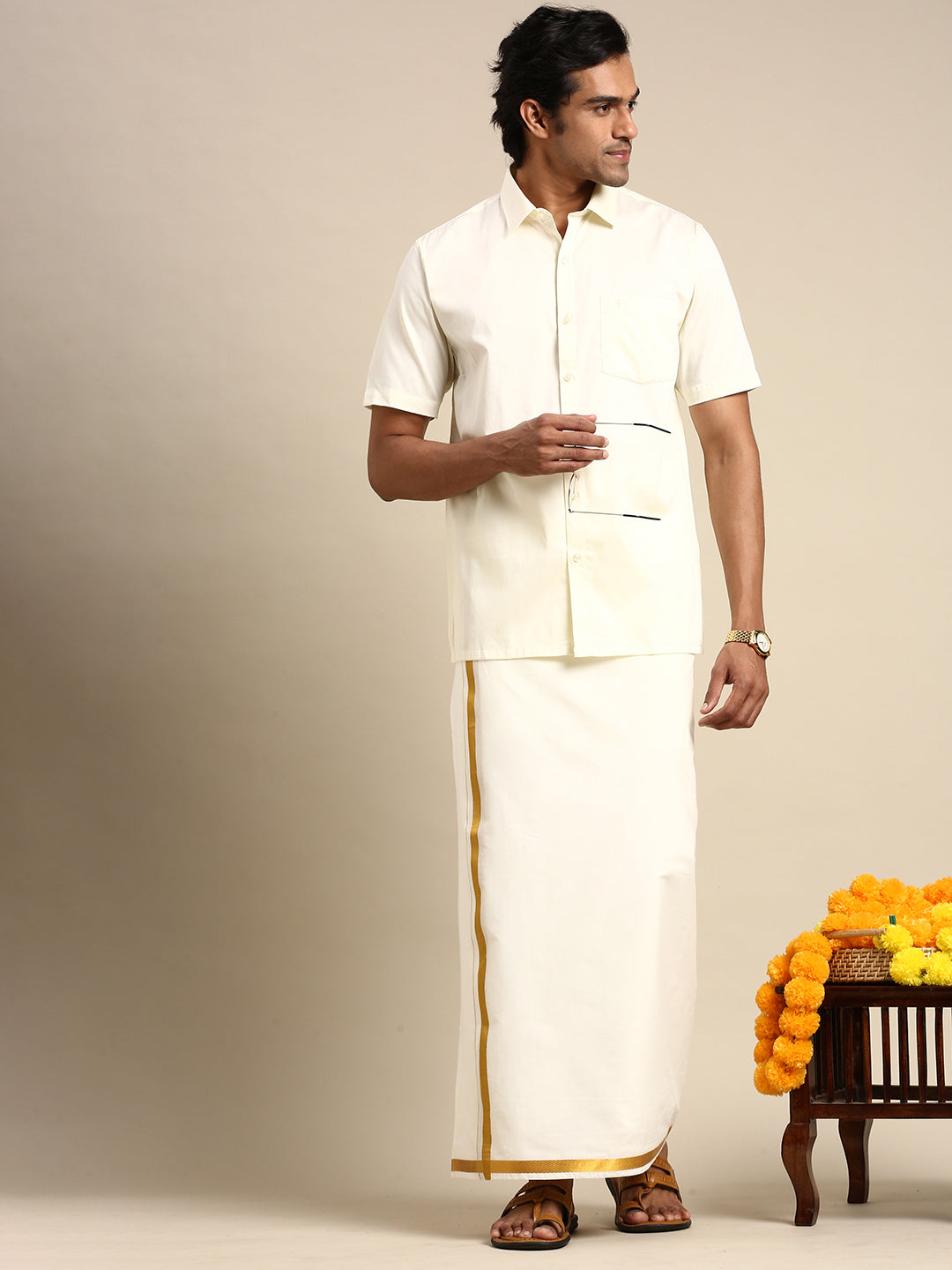 Mens Cotton Cream Shirt Half Sleeves Mangalyam-Full view