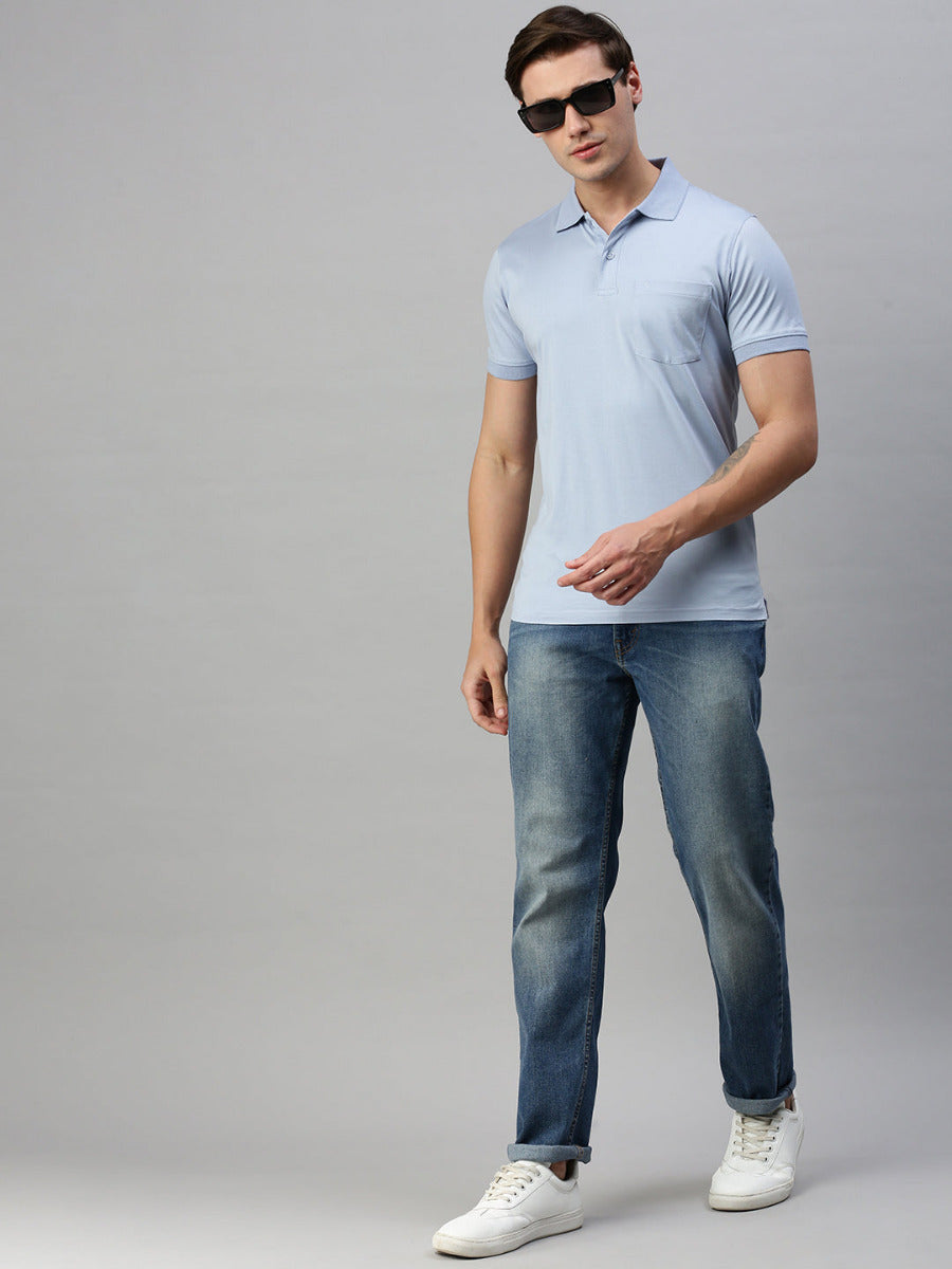 Mercerised Polo Flat Collar T-Shirt Blue with Chest Pocket MP6-Full view