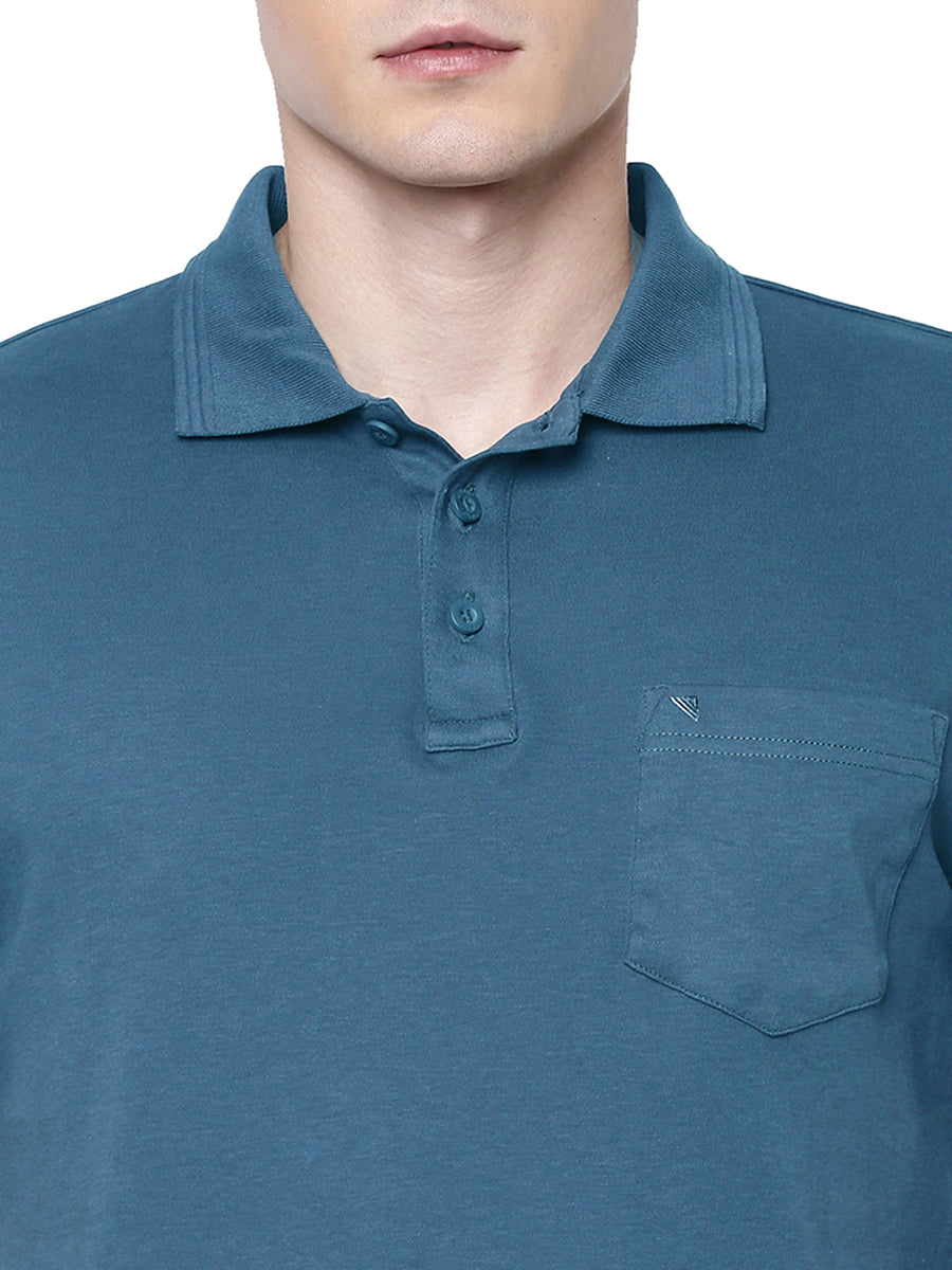 Super Combed Cotton Polo T-Shirt Peacock Blue with Chest Pocket-Zoom view