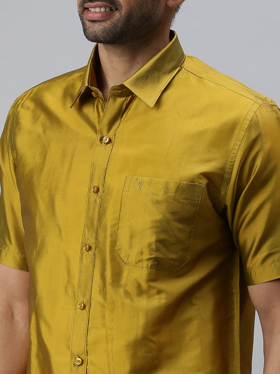 Mens Silk Olive Green Half Sleeves Shirt-Zoom view