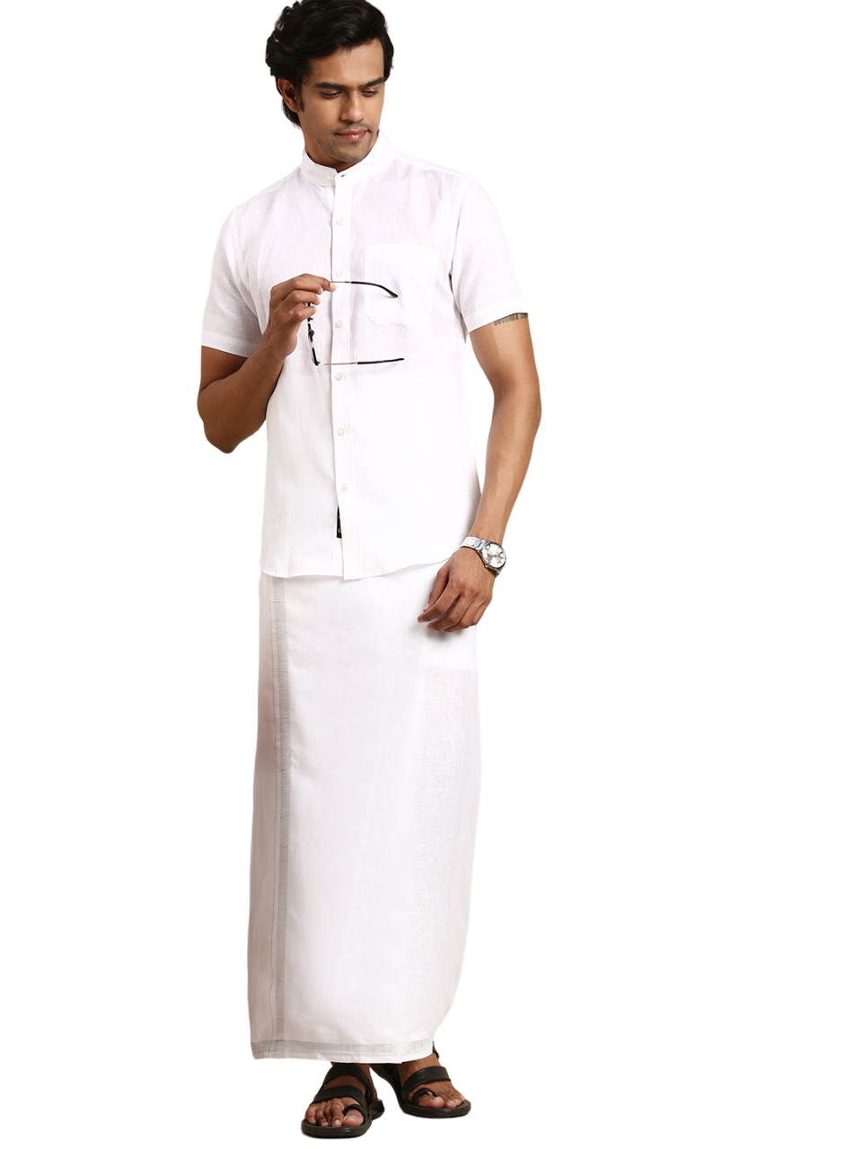 Mens 100% Linen Chinese Collar White Shirt Half Sleeves 5445-Full view