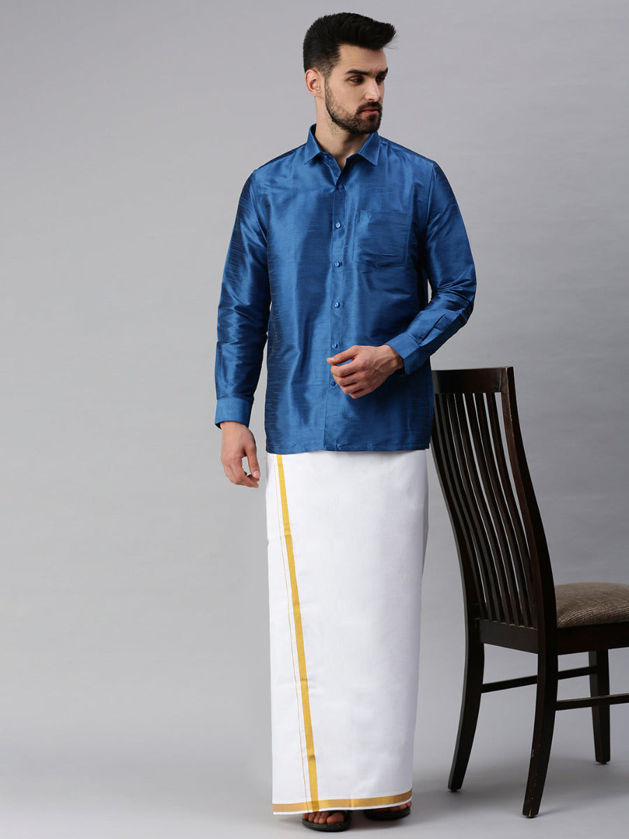 Silk Look Fancy Full Sleeves Blue Shirt with Jari Dhoti Combo SP9