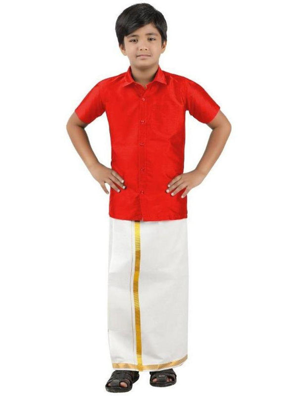 Boys Silk Cotton Shirt with Dhoti Set Cherry Red -  Ramraj Cotton