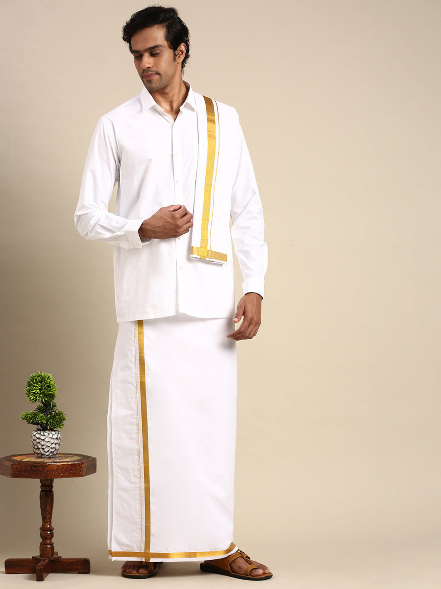 Premium Wedding White Readymade Dhoti, Shirt & Towel Set Dhanvanthri-Front view