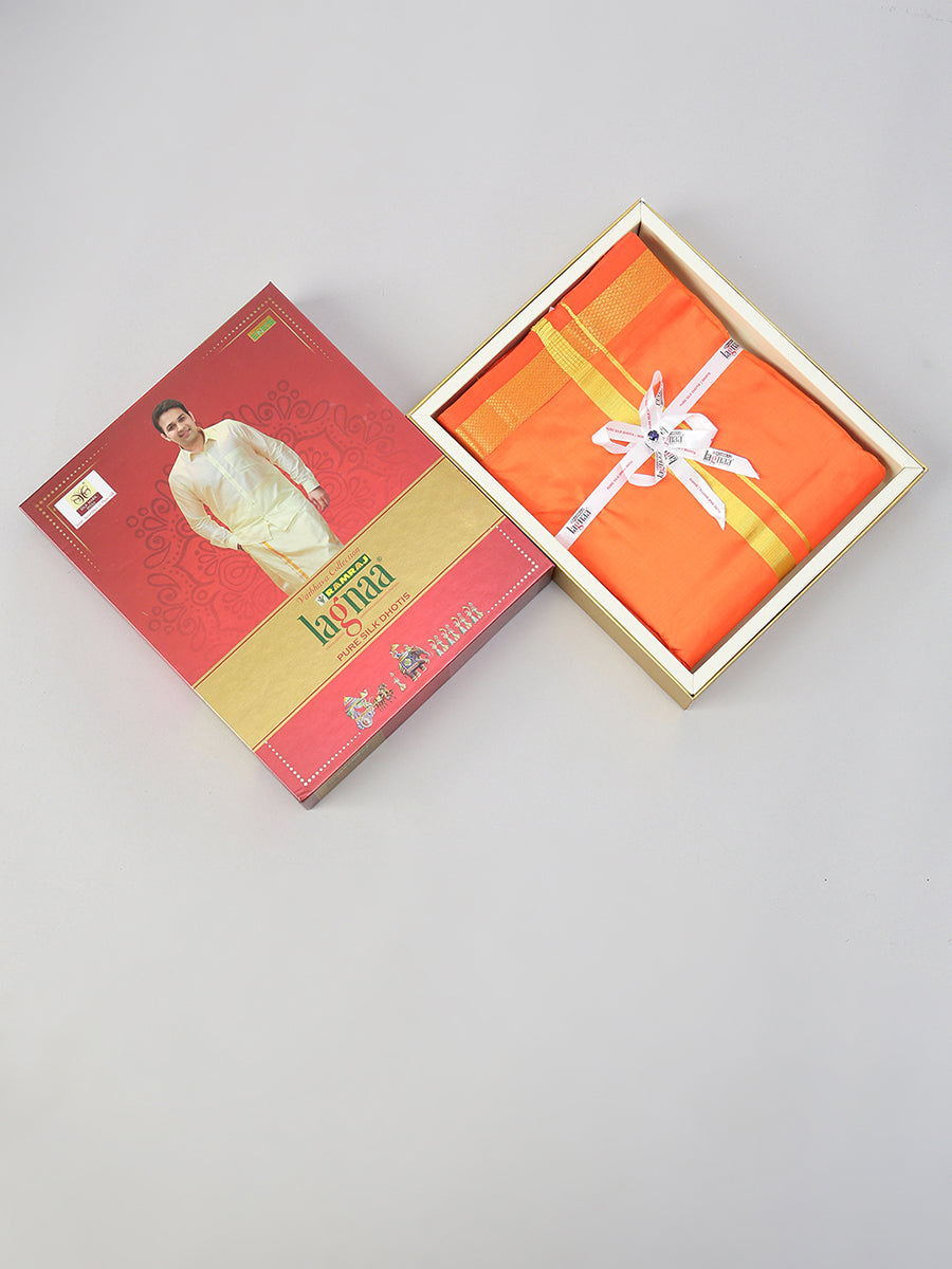 Mens Pure Silk 1" Double Dhoti & Towel Thirukalyan Orange-Ad vert