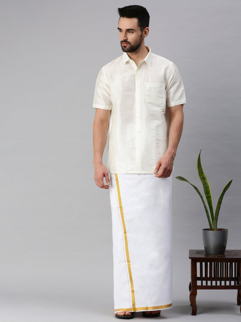 Silk Look Fancy Half Sleeves Cream Shirt with Jari Dhoti Combo SP27