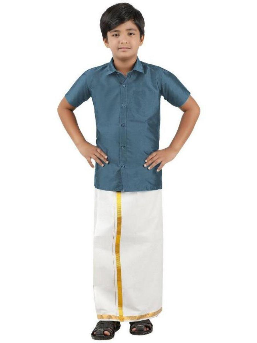 Boys Silk Cotton Shirt with Dhoti Cement Grey -  Ramraj Cotton-Full view