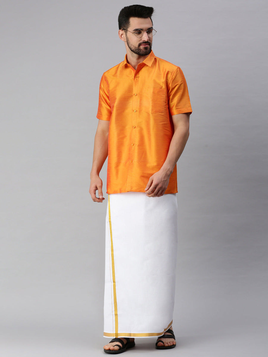 Silk Look Fancy Colour Half Sleeves Orange Shirt & Jari Dhoti Combo