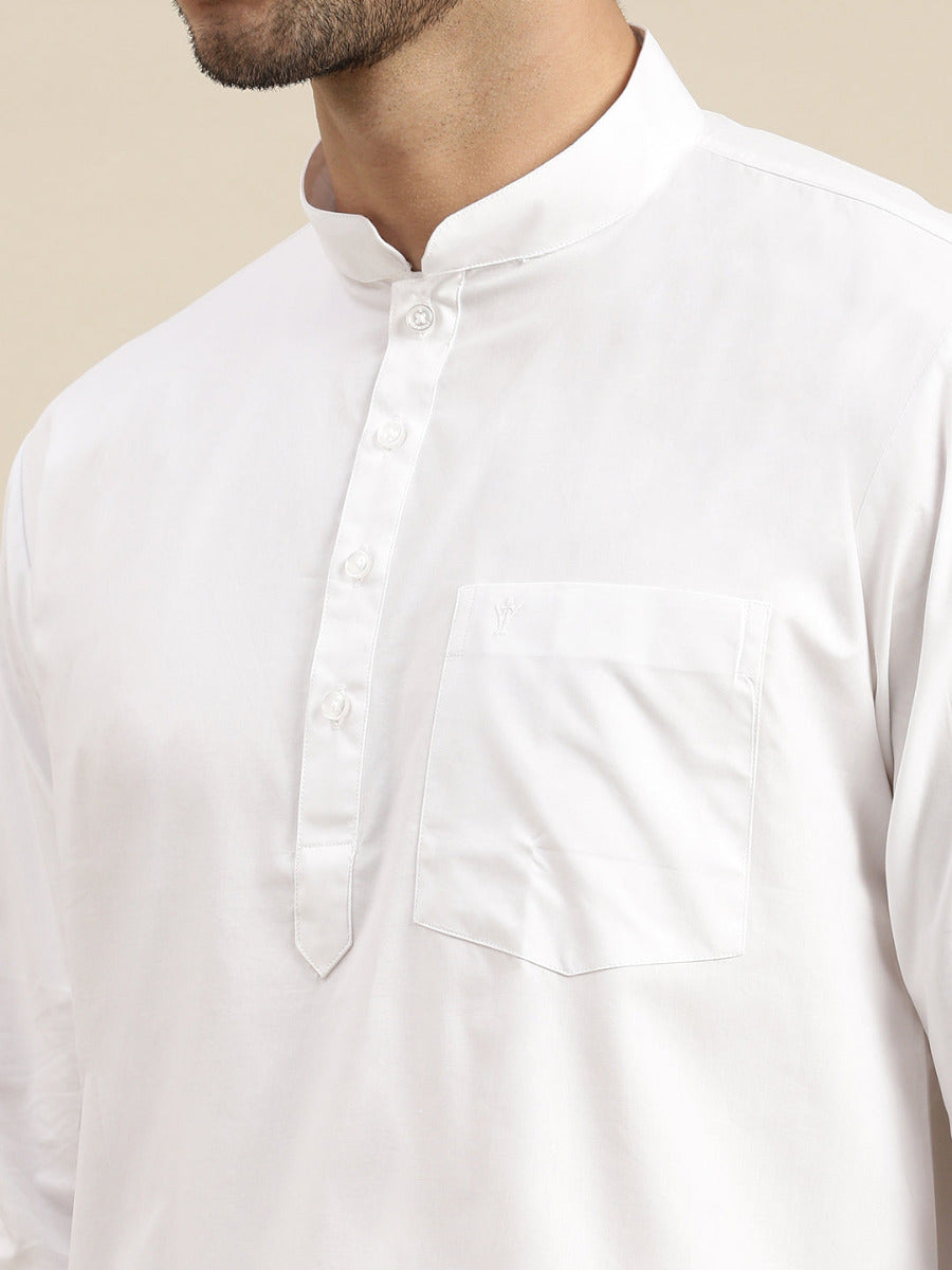 Mens Cotton White Full Sleeve Short Length Kurta-Zoom View