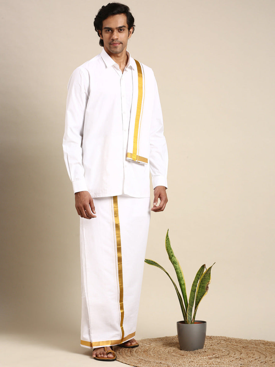 Mens Wedding White Regular Dhoti, Shirt & Towel Set Subhakalyan 1"-Full view