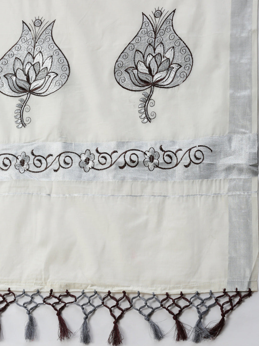 Womens Kerala Cream Embroidery Saree with Silver Zari Border KS67