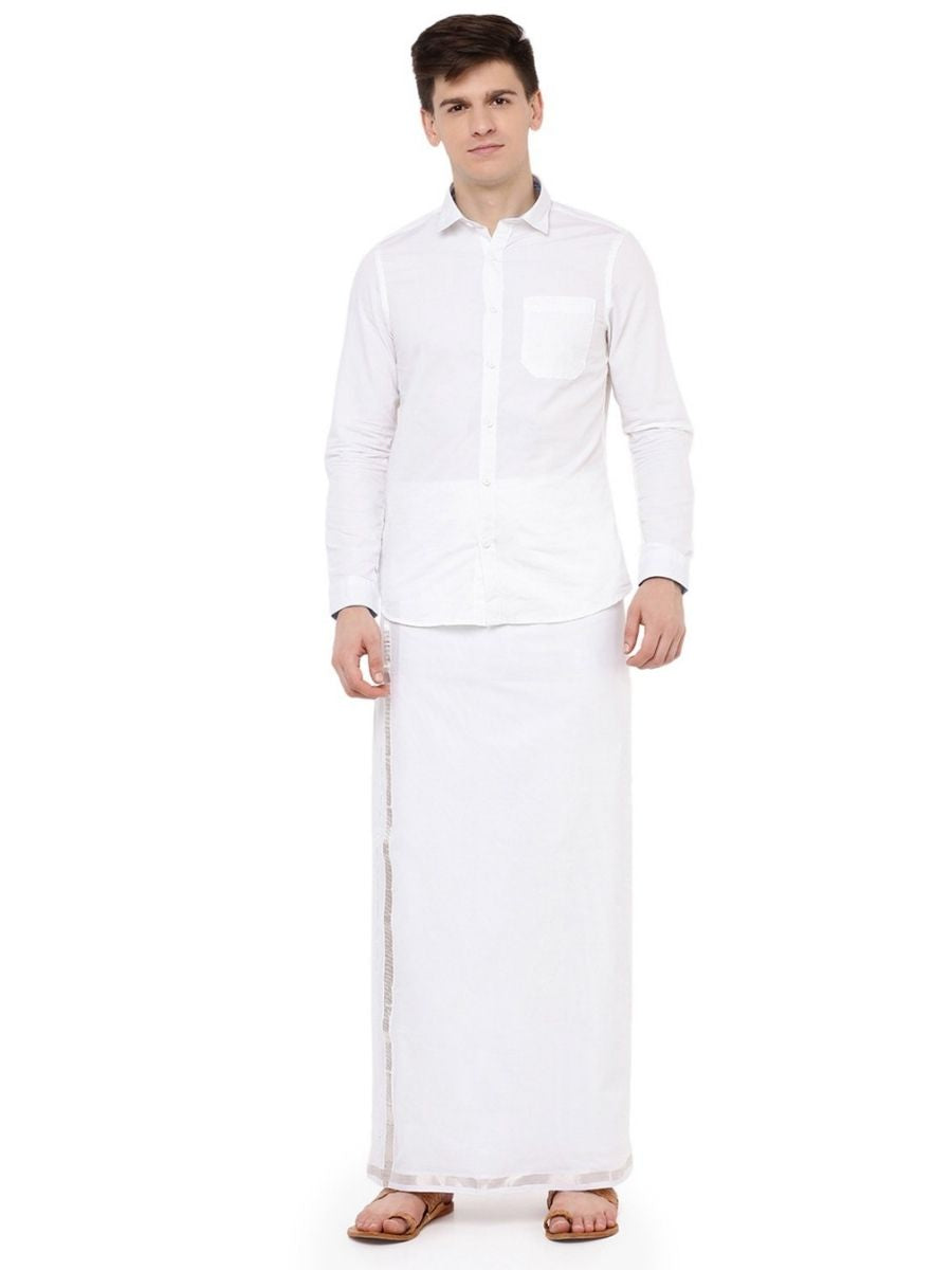 Men Double Dhoti White with Silver Jari 1/2" inch Silver Line