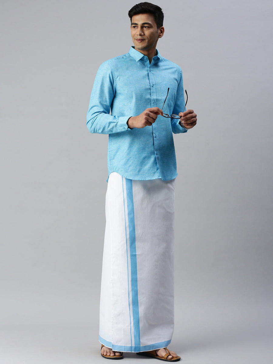 Mens Matching Border Adjustable Dhoti & Full Sleeves Shirt Set Blue CC5-Front view