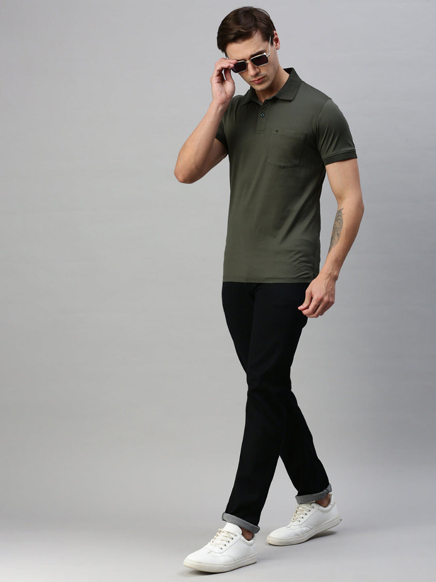 Mercerised Polo Flat Collar T-Shirt Dark Green with Chest Pocket MP3-Full view