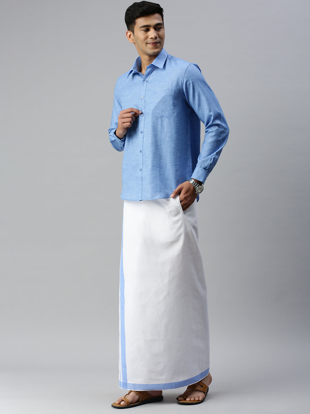 Mens Matching Border Adjustable Dhoti & Full Sleeves Shirt Set Blue CC9-Side view