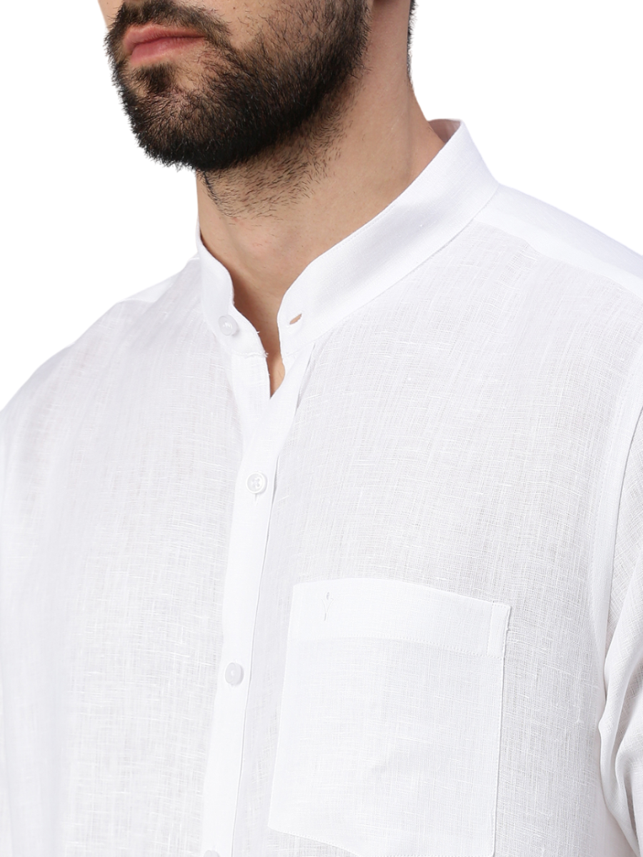 Mens 100% Linen Chinese Collar White Shirt Full Sleeves 5445-Zoom view
