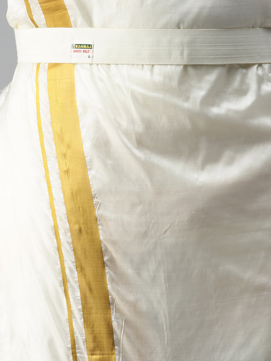 Mens Pure Silk Cream Double Dhoti with 2" Gold Jari Border Upasana-Belt view