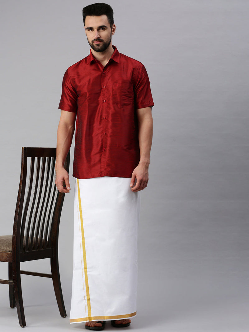 Silk Look Fancy Half Sleeves Maroon Shirt with Jari Dhoti Combo SP20