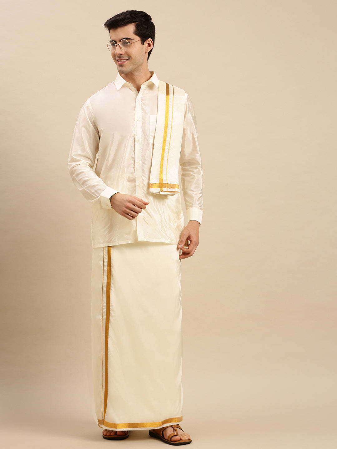 Wedding Soft Silk Dhoti With Full Sleeve Shirt & Towel Set Parinayam-Full view