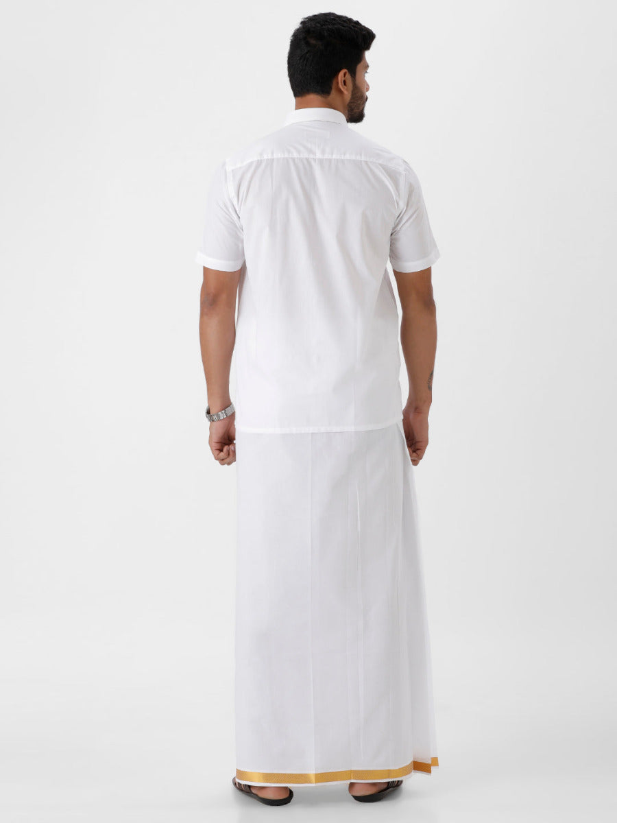 Mens Cotton White Half Sleeves Shirt with Jari 1" Dhoti Combo-Back view