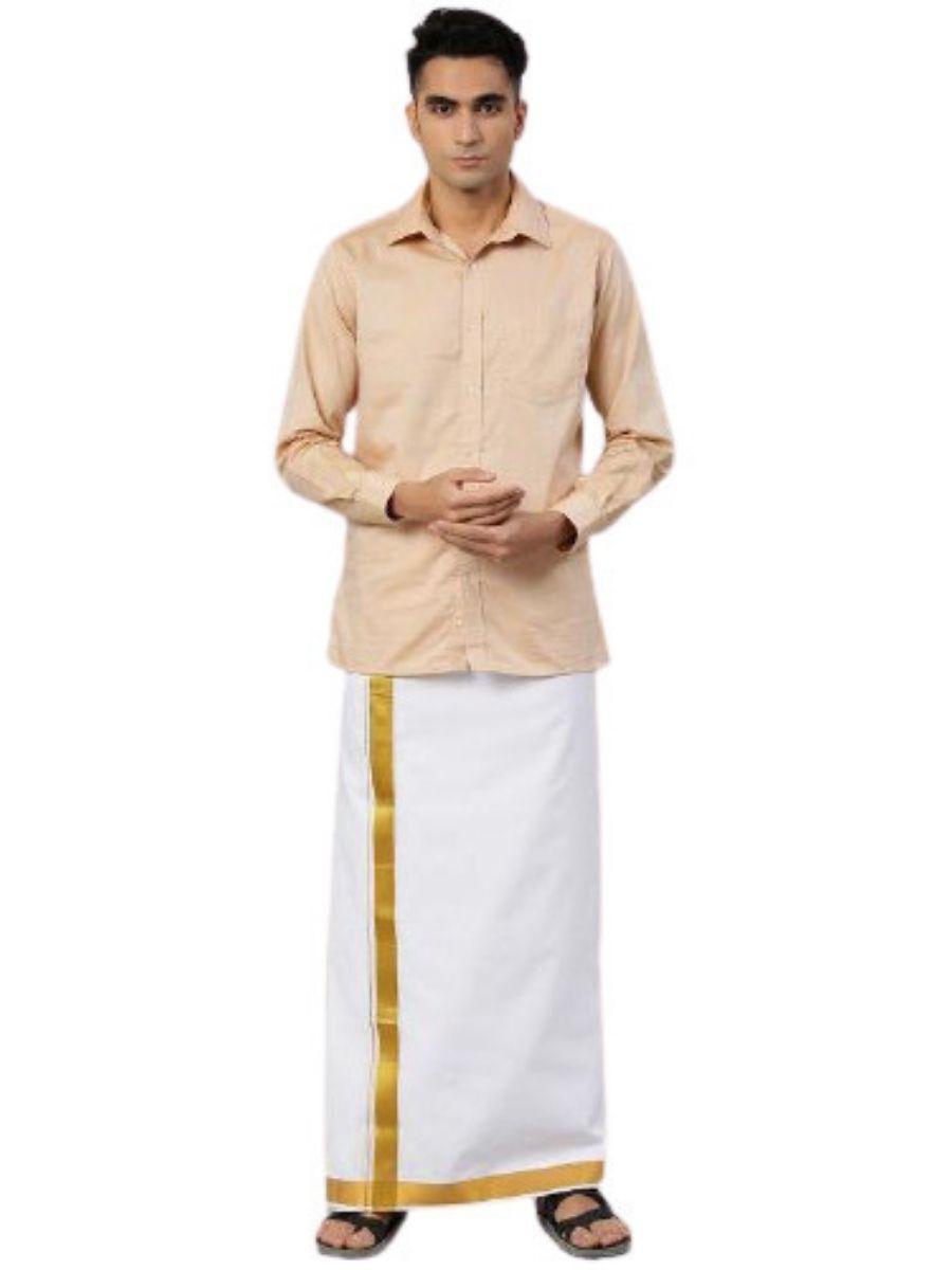 Mens Double Dhoti White with Gold Jari 1 1/2" Gold Special Pet-Full view