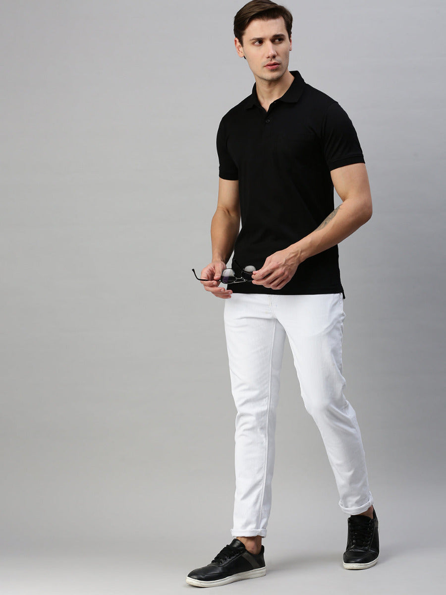 Mercerised Polo Flat Collar T-Shirt Black with Chest Pocket MP1-Full view