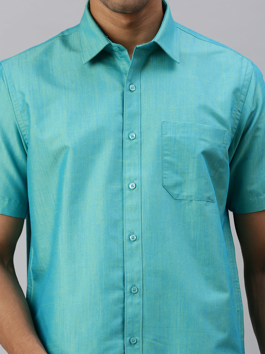 Mens Matching Jari Border Dhoti & Shirt Set Half Sleeve Blue VB8-Zoom view