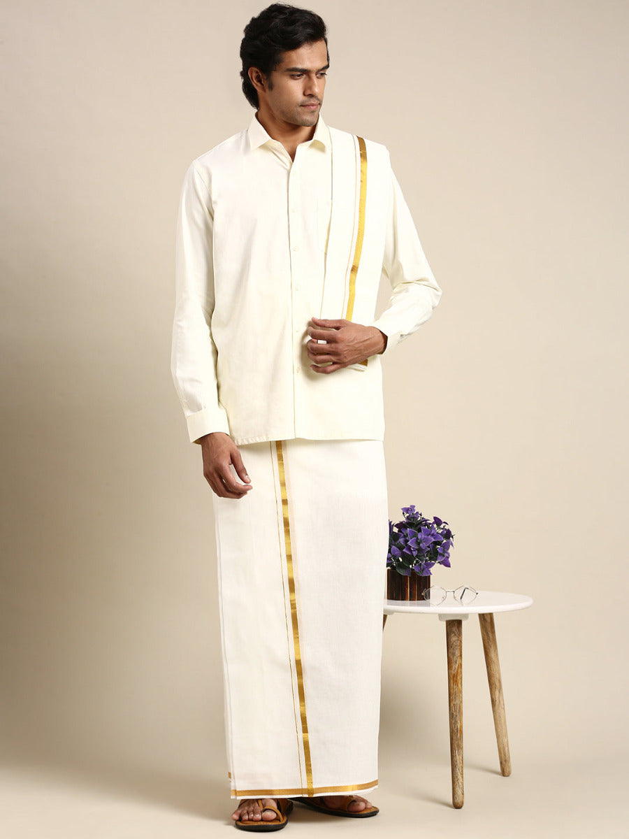 Mens Wedding Cream Regular Dhoti, Shirt & Towel Set Subhakalyan 1/2"-Full view
