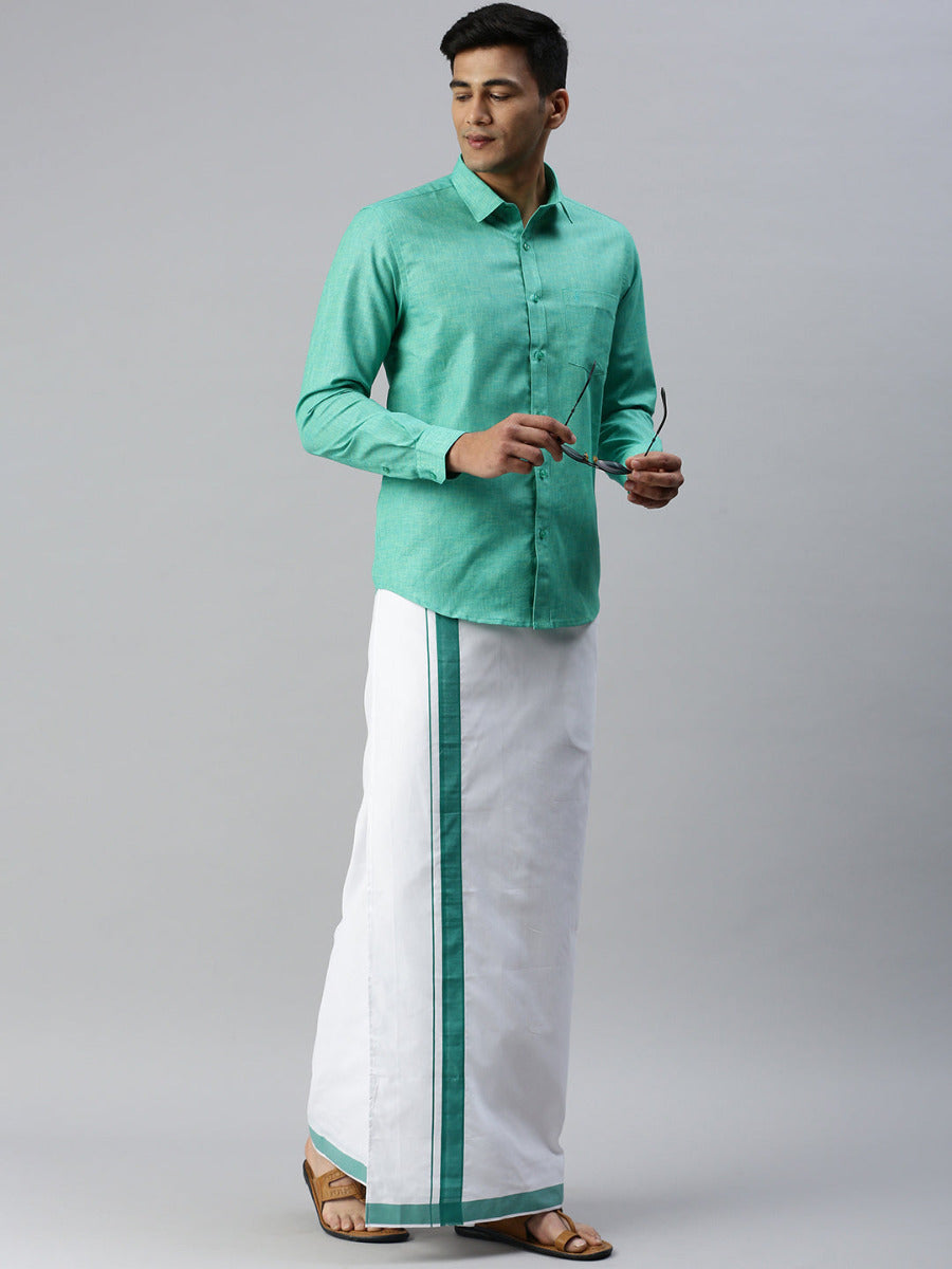 Mens Matching Border Adjustable Dhoti & Full Sleeves Shirt Set Green CC7-Full view