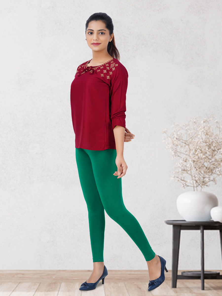 Ankle Fit Mixed Cotton with Spandex Stretchable Leggings Green -Full view