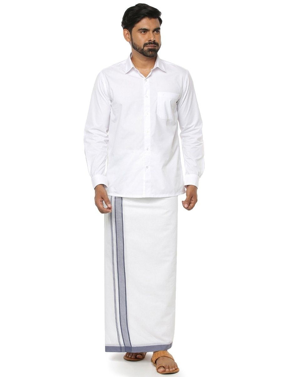 Mens Double Dhoti White with Fancy Border Manali Plain Navy Blue-Full view