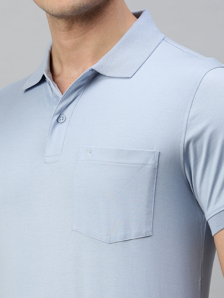Mercerised Polo Flat Collar T-Shirt Blue with Chest Pocket MP6-Zoom view