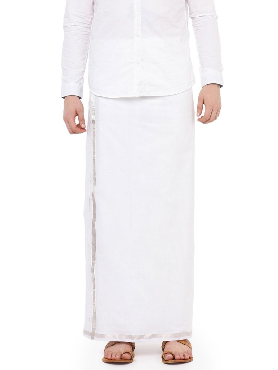 Men Double Dhoti White with Silver Jari 1/2" inch Silver Line