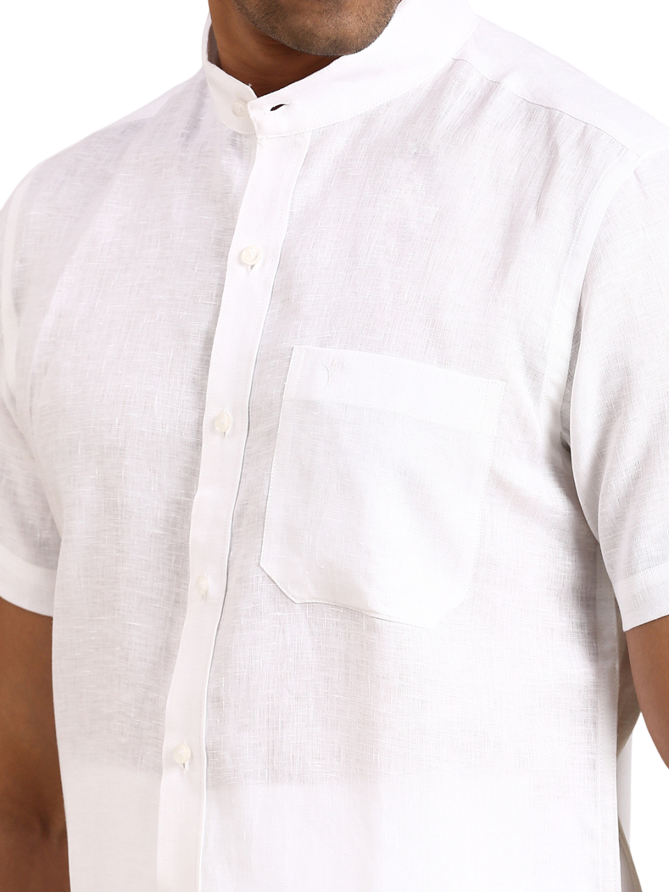 Mens 100% Linen Chinese Collar White Shirt Half Sleeves 5445-Zoom view