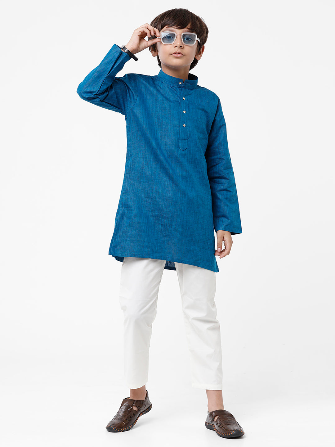 Boys Kurta Pyjama Set Blue-Front view