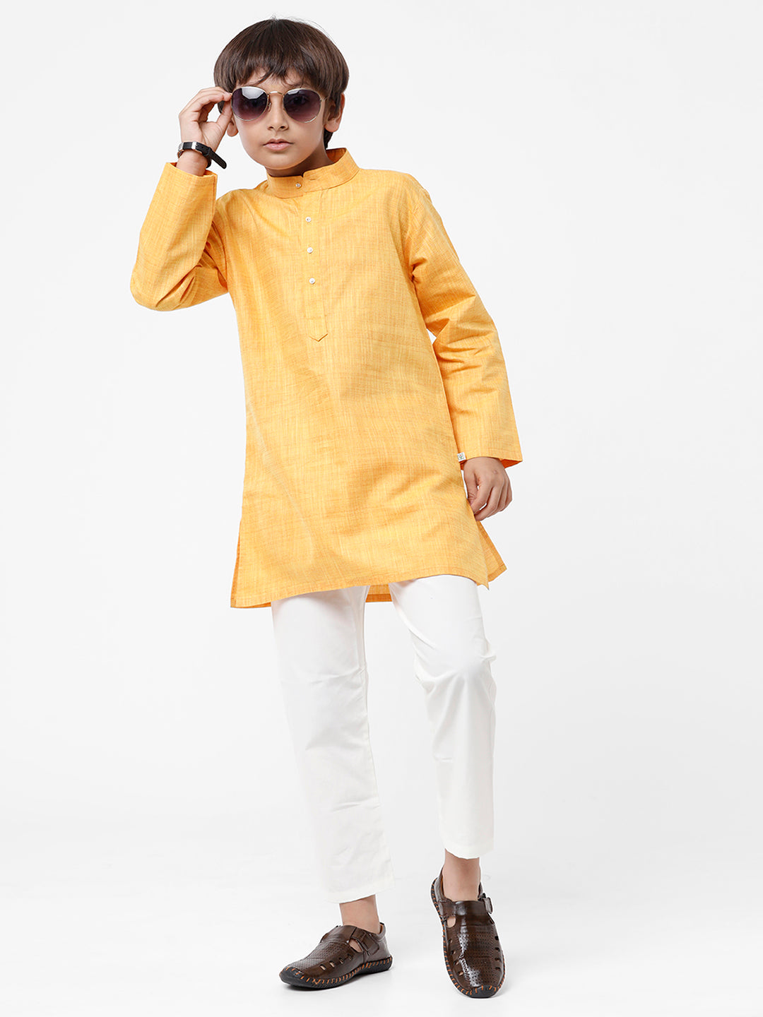 Boys Kurta Pyjama Set Golden Yellow-Full view