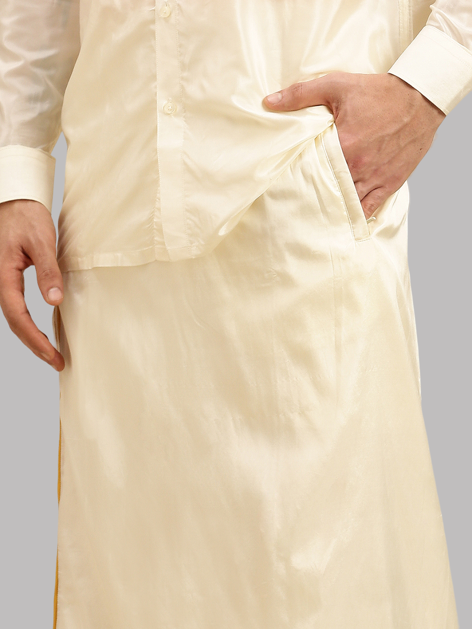 Mens Cream Art Silk Full Sleeves Shirt, Readymade Double Dhoti & Towel Combo-Pocket view
