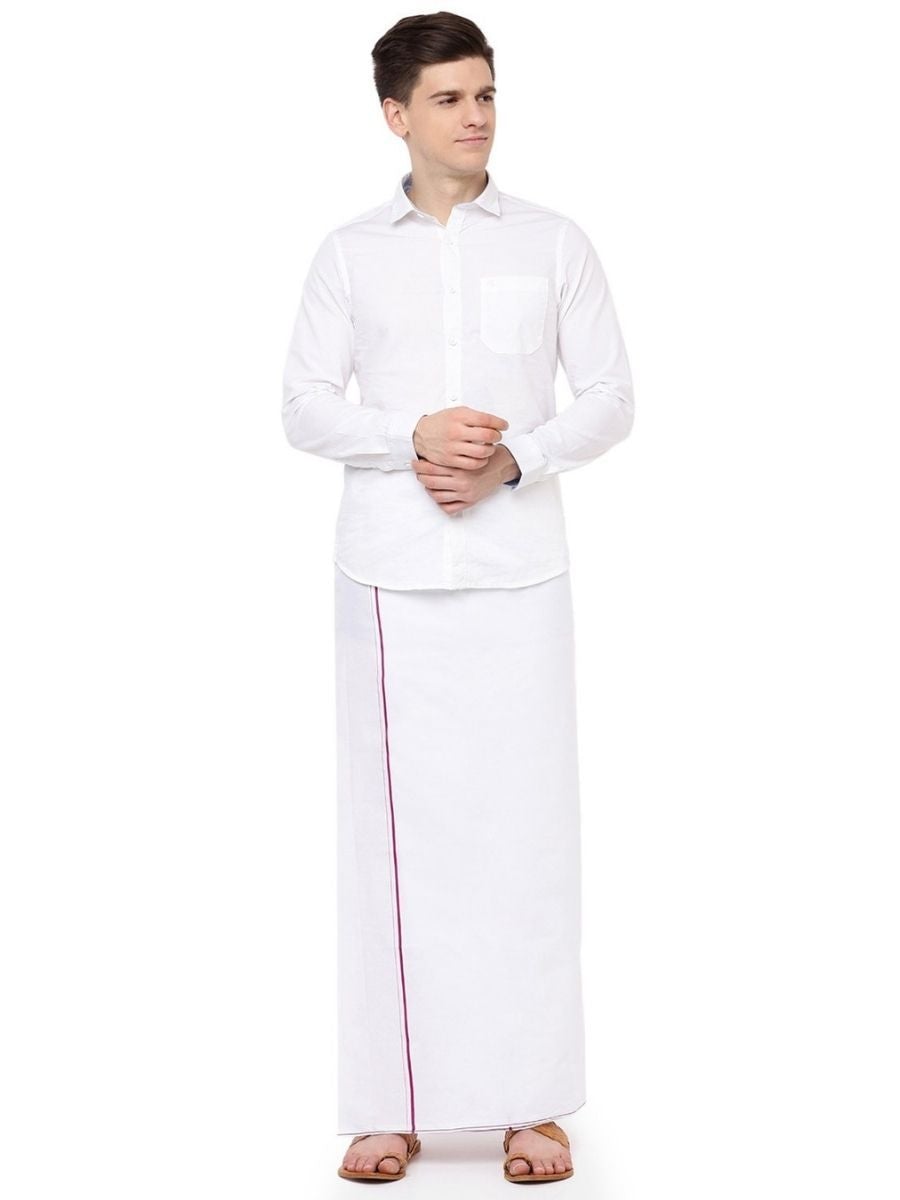 Mens Cotton White Full Sleeves Shirt with Small Border Dhoti Combo