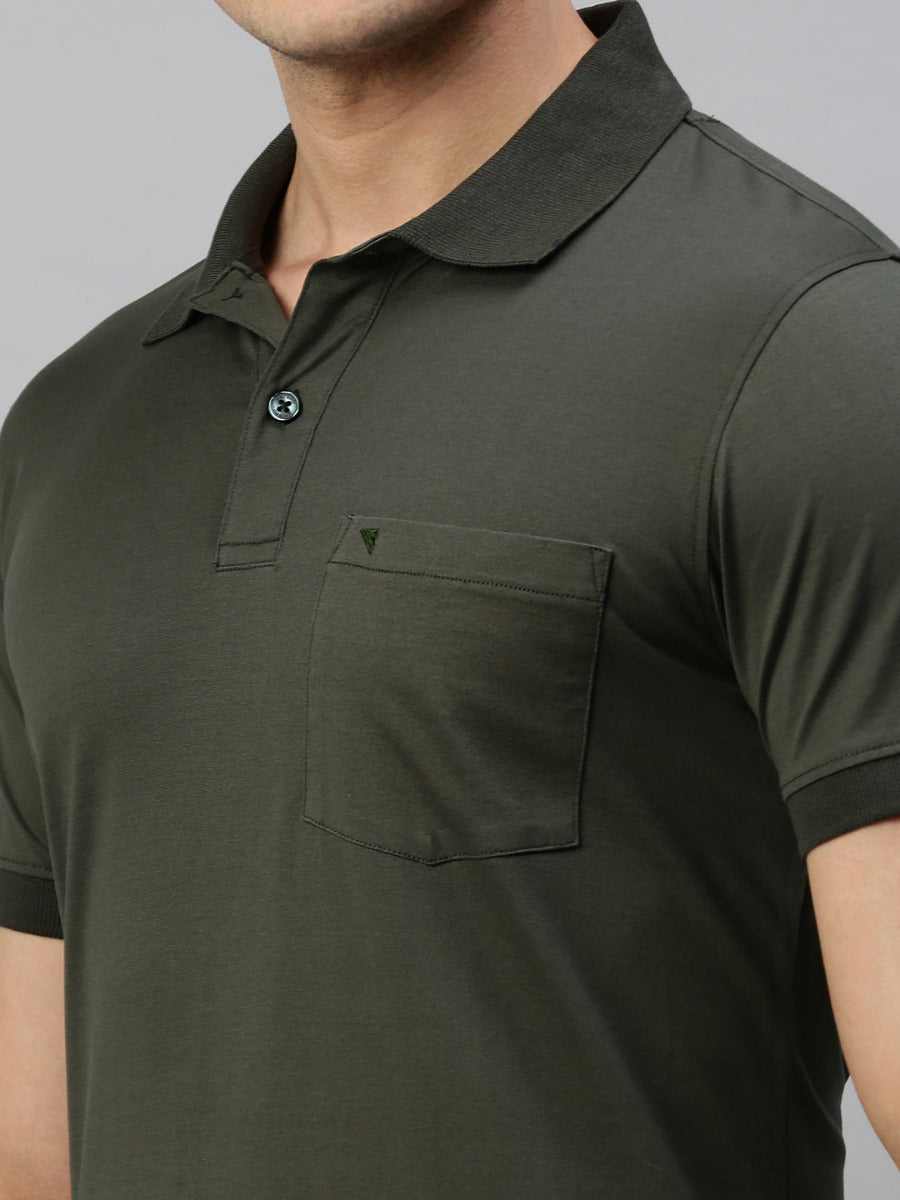 Mercerised Polo Flat Collar T-Shirt Dark Green with Chest Pocket MP3-Zoom view