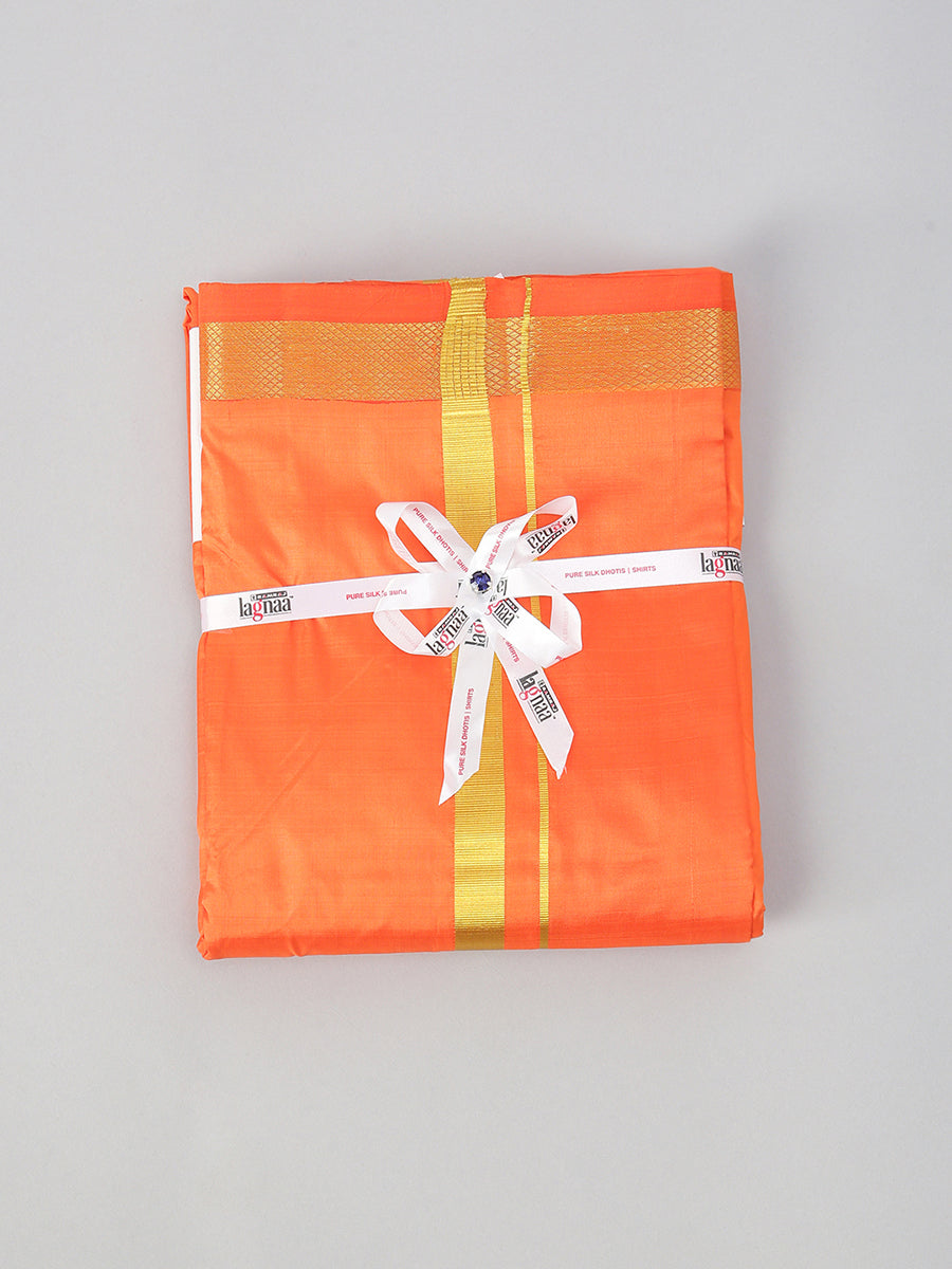 Mens Pure Silk 1" Double Dhoti & Towel Thirukalyan Orange-View one