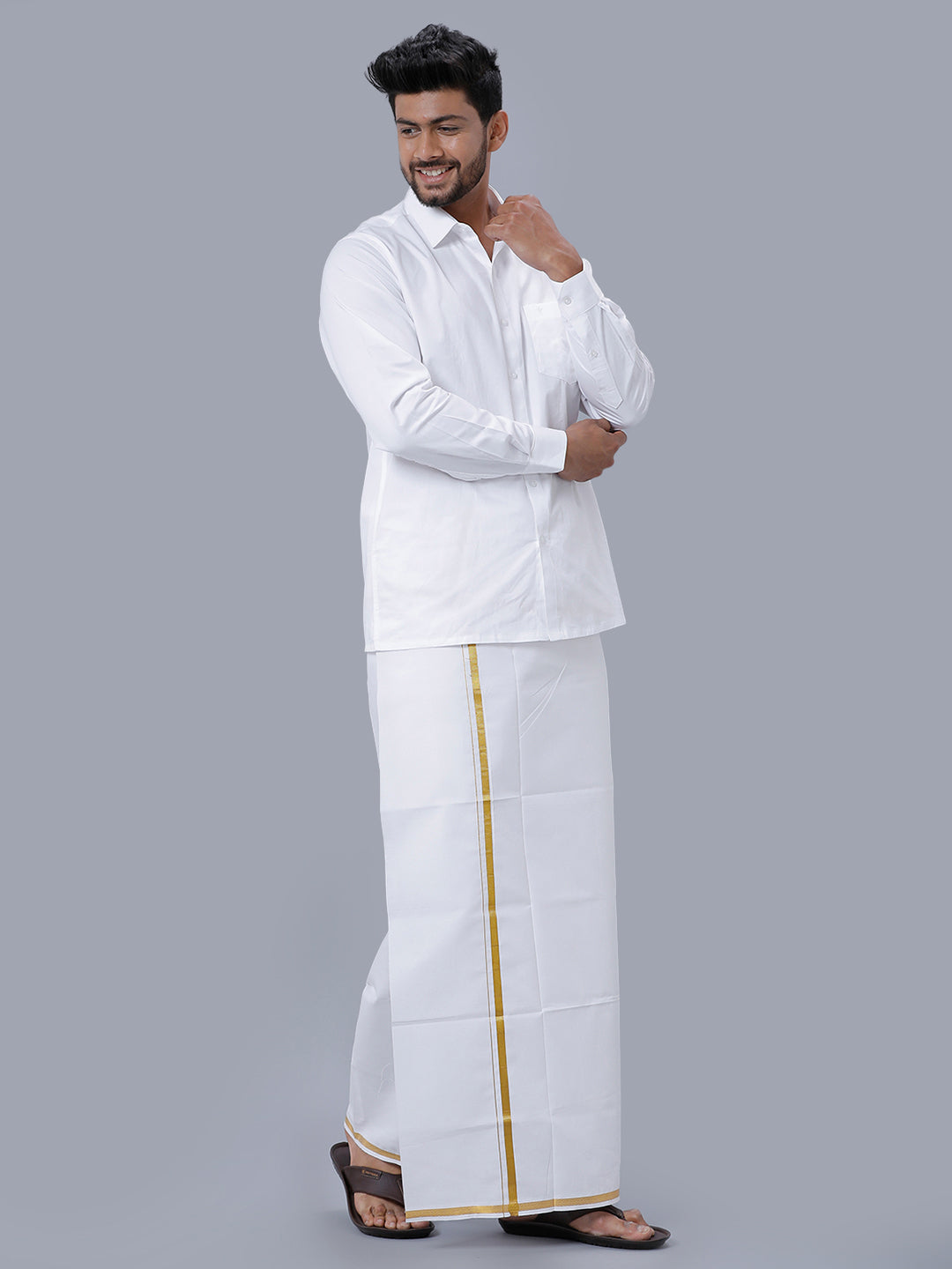 Mens Royal Cotton White Full Sleeves Shirt with 1/2'' Gold Jari Double Dhoti Combo
