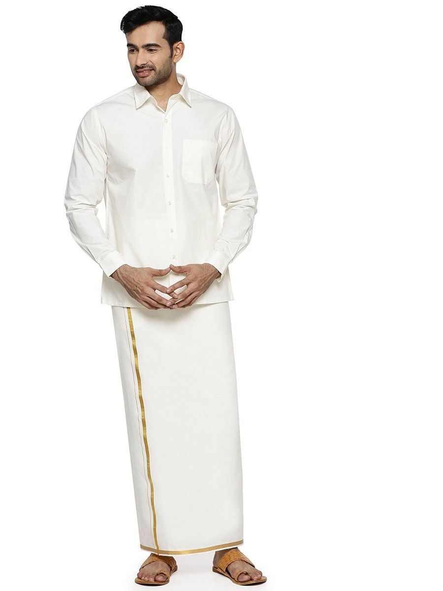 Mens Single Dhoti Cream with Gold Jari 1/2" Silver Sun-Front view